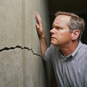 Image of man checking a crack in his basement wall.