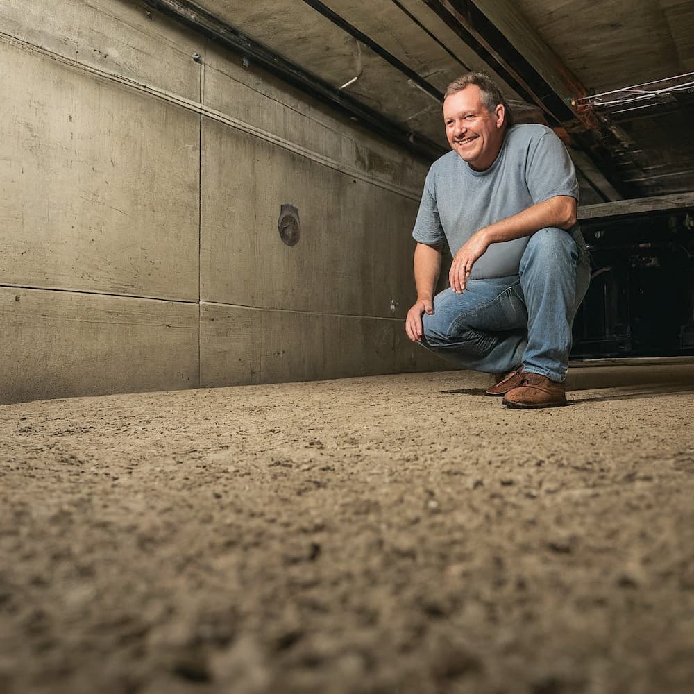 Man looking at dry & level basement floor