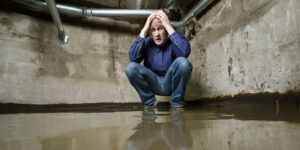 Photograph of a dismayed man in a flooded basement.