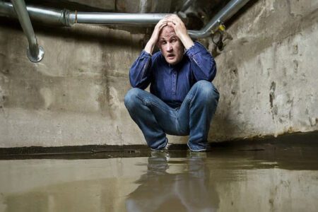 Photograph of a dismayed man in a flooded basement.