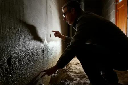 Man inspecting interior foundation wall