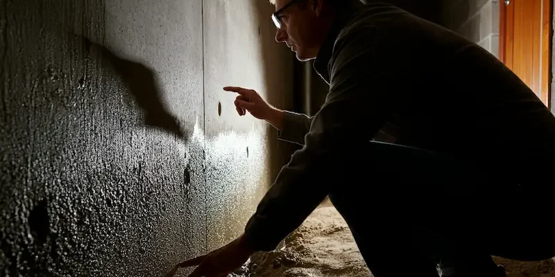 Man inspecting interior foundation wall