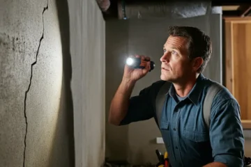 Image of man inspecting foundation wall cracks