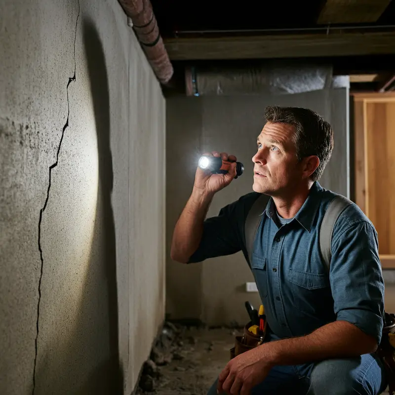 Image of man inspecting foundation wall cracks