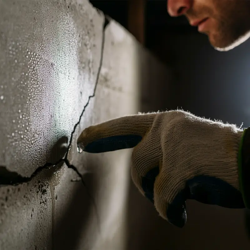 image of man inspecting wet wall crack