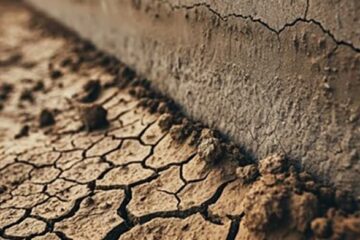 Image of dry soil outside a house wall.