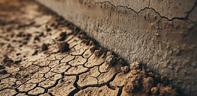 Image of dry soil outside a house wall.